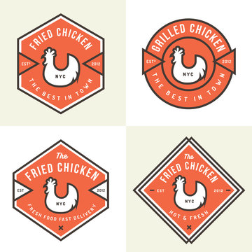 Set of chicken meat logo, badges, banners, emblem and design elements for shop and restaurant. Vector illustration.