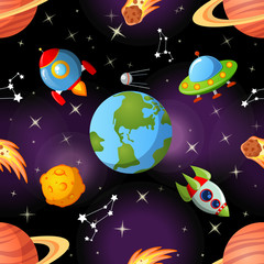 Naklejka premium Childish seamless space pattern with Earth, saturn, UFO, rockets moon and stars