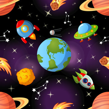 Childish seamless space pattern with Earth, saturn, UFO, rockets moon and stars © alka5051