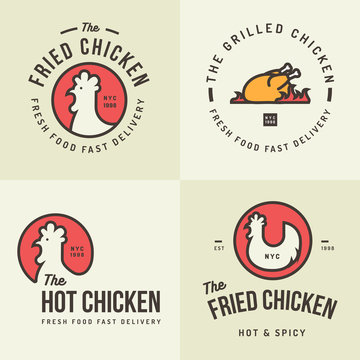 Set of chicken meat logo, badges, banners, emblem and design elements for food shop and restaurant. Vector illustration.