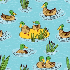 seamless pattern with ducks and reed on water