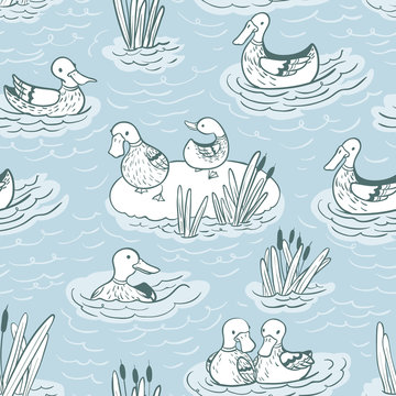 vector seamless pattern with ducks and reed on