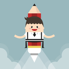 Businessman flying with a rocket pencil, flat design