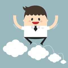 Vector illustration of businessman jumping on clouds. Flat desig