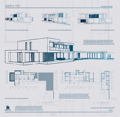 Wireframe blueprint drawing of 3D building. Vector architectural template background.