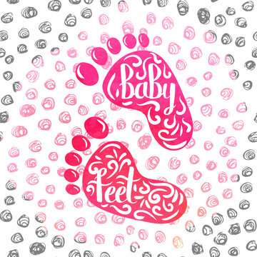 Hand-lettered  a colorful poster advertising the prints of children's feet. Casts from clay and clay in memory of the birth of a baby girl. Vector