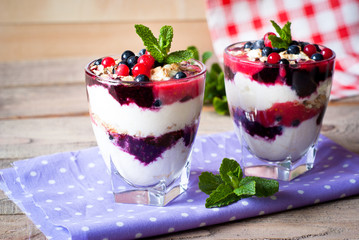 Dessert with yougurt,  jam and berries