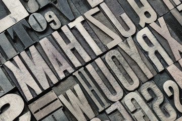 angle view to the detailed vintage wooden letterpress type background