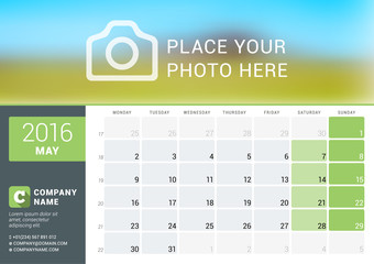 Calendar Template for May 2016. Week Starts Monday. Planner Design Print Template. Vector Calendar. Stationery Design