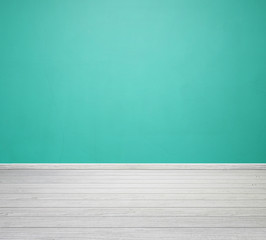 room interior with green concrete wall and white wood floor