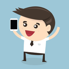 Businessman holding smart phone, flat design