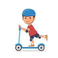 Fototapeta na wymiar Cheerful boy riding a scooter. The isolated character of the child in a helmet and elbow pads with knee pads for safely riding a scooter. 