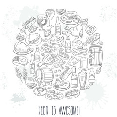 hand drawn beer and food
