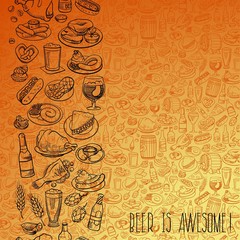 hand drawn beer and food, seamless background
