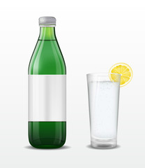 Green glass mineral water bottle on white background