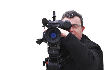 Videographer with camera isolated on white