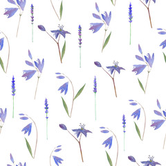 Fototapeta na wymiar Bell flowers.Bluebell and lavender seamless pattern.Watercolor hand drawn illustration.White background.