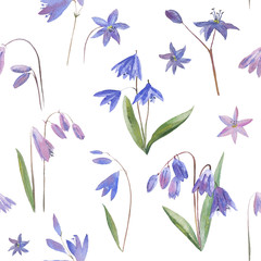 Bell flowers.Bluebell seamless pattern.Watercolor hand drawn illustration.White background.
