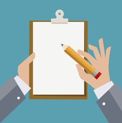 Hands of businessman holding clipboard with sheet of paper and pencil. Vector illustration. 