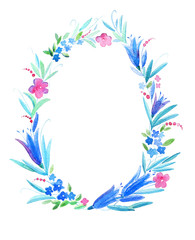 Fototapeta na wymiar Wreath of flowers.Frame with flowers,bell,twig.Watercolor hand drawn illustration.White background.