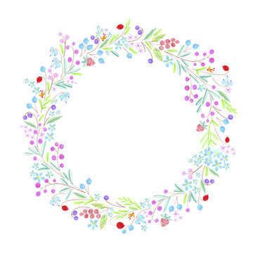 Floral wreath.Colored pencils hand drawn illustration.White background.