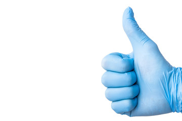 Hand in blue glove isolated on white with thumb up.