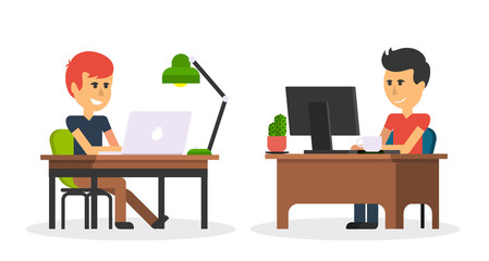 Man Work with Computer Design Flat