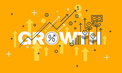 Thin line flat design banner for GROWTH web page, finance, investment, banking, production growth, the company's profits. Vector illustration concept of word GROWTH for website banners.