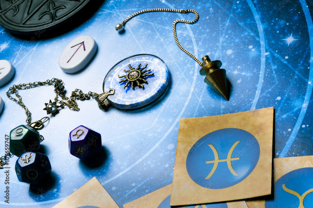 Wall mural esoteric table with astrology and divination objects