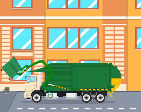 
The machine picks up garbage from the yard lifting it with a fork mechanism. Cleaning equipment. Vector illustration
