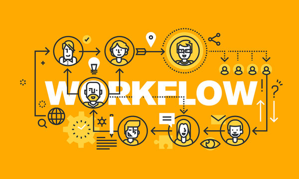 Thin line flat design banner for WORKFLOW web page, business process, project management, teamwork, organization. Vector illustration concept of word WORKFLOW for website and mobile website banners.