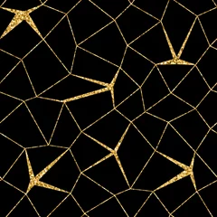 Tapeten Mosaik geometrisches nahtloses Muster 3D. Goldglitter schwarze Vorlage. Abstrakte Textur Goldene Luxusdrucke. Retro-Vintage-Dekoration. Design für Schablonentapete, Verpackung, Textilvektorillustration © alona_s