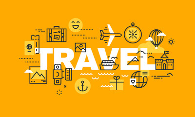 Thin line flat design banner for TRAVEL web page, holiday trip planning, travel destination, tour organization. Vector illustration concept of word TRAVEL for website and mobile website banners. - obrazy, fototapety, plakaty