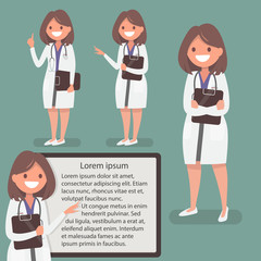 Fototapeta premium Female doctor presented in different actions. The character for medical information posters
