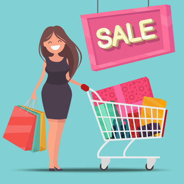 Girl with shopping cart and bags. Sale. Vector illustration