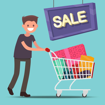 Man with a shopping cart. Sale. Vector illustration