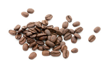 Coffee grains and leaves isolated on the white backgrounds.