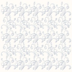 Floral seamless hand drawn texture. Light blue thin line leaf and fruit ornament, gray shadow on light pink background, design element, vector