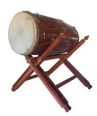 traditional ancient asian drum in buddhism temple on white background.