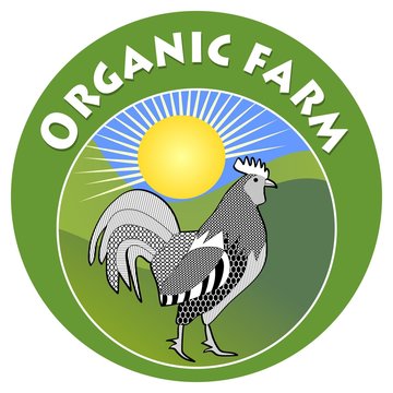 Organic farm green emblem with hatched rooster in foreground of beauty landscape and cute sun over mountains