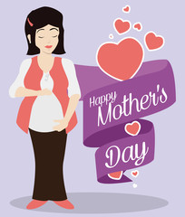 Woman Fondling her Belly with a Ribbon for Mother's Day, Vector Illustration
