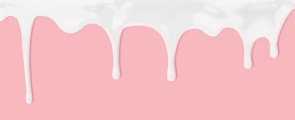 Foto auf Acrylglas Milchshake milch oder weiße flüssigkeit, die auf rosa hintergrund tropft