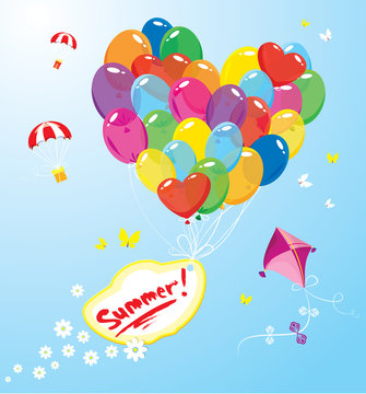 Image with colorful balloons in heart shape and banner with word