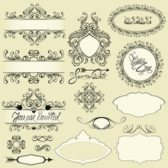 Vintage ornaments and frames, vignettes, calligraphic design ele