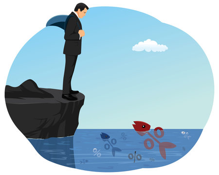 Businessman with a shark fin on his back is ready to jump into the water. Interest rates and symbols of percents are swimming like fishes.