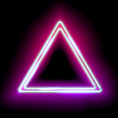 Neon abstract triangle. Glowing frame. Vintage electric symbol. Burning a pointer to a black wall in a club, bar or cafe. Design element for your ad, sign, poster, banner. illustration