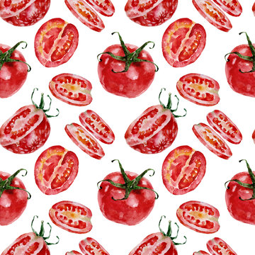 Seamless pattern with tomatoes. Watercolor 
illustration.