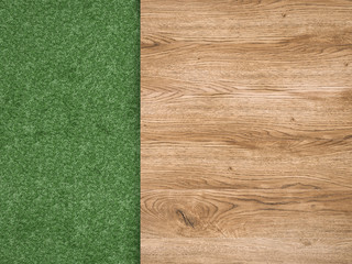 green grass with wooden floor top view