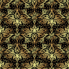 Elegant seamless pattern with royal lilies. Golden flowers on a black background.