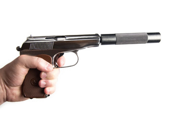 Silver makarov pistol with blacksilencer in hand aiming the target isolated on the white background
